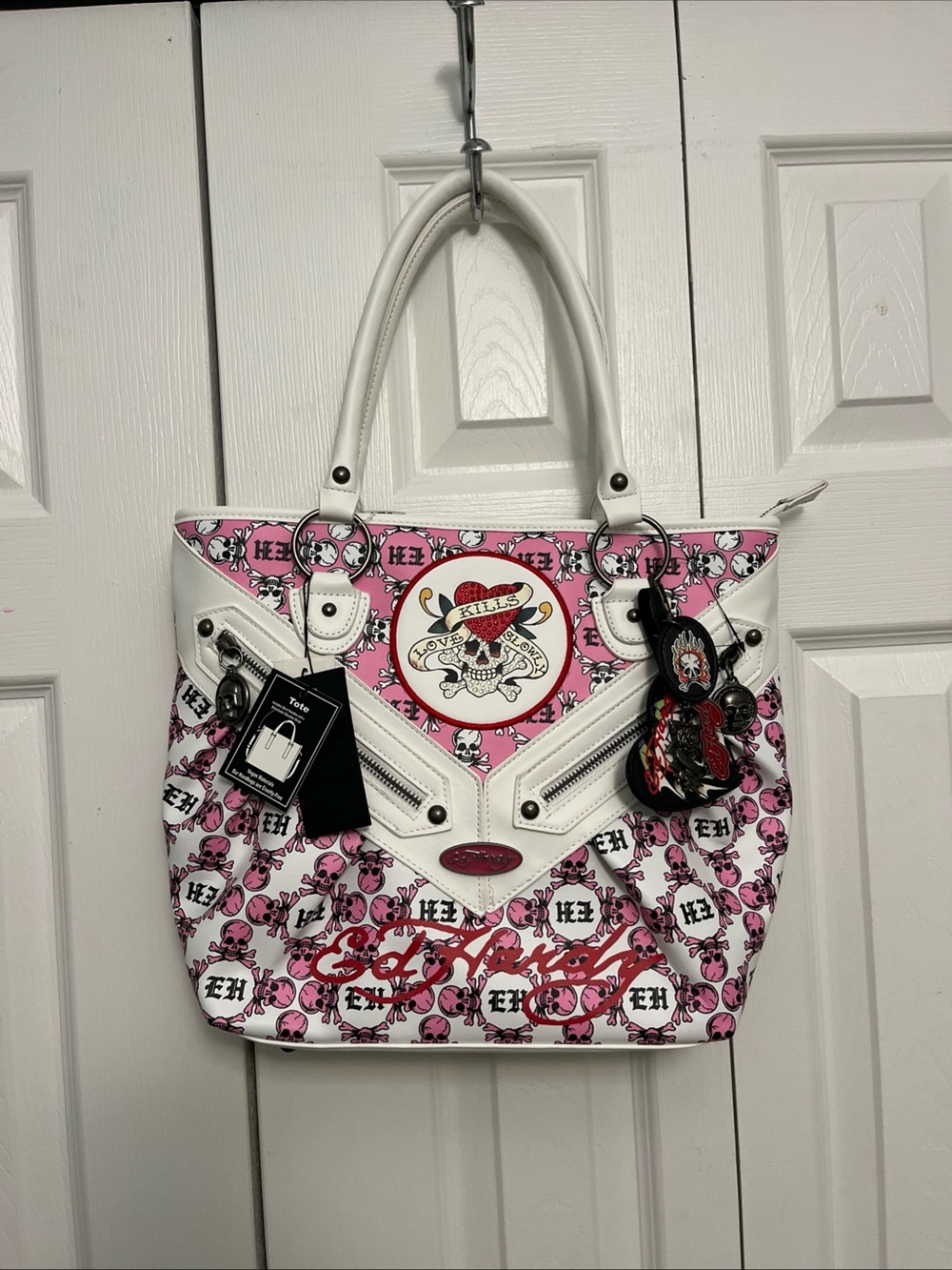 Ed Hardy White and Pink Skull Print Tote with Heart Emblem
